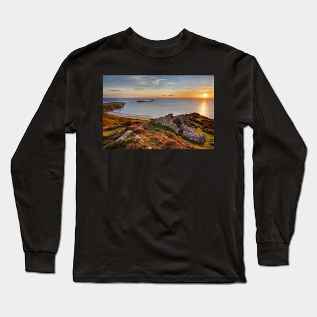 Sunset over Rhossili Bay Long Sleeve T-Shirt by dasantillo